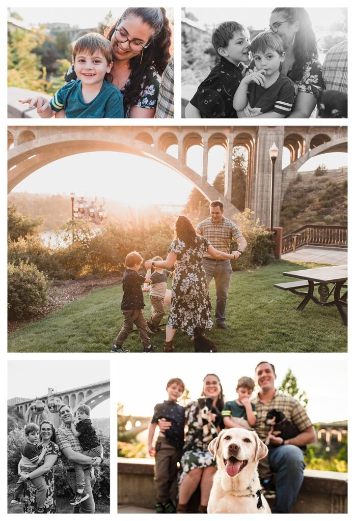 downtown Spokane family photo session with dogs at sunset
