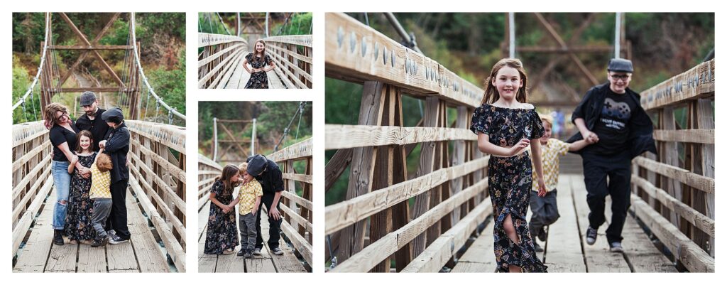 Collage of family photos on the swinging bridge in riverside state park