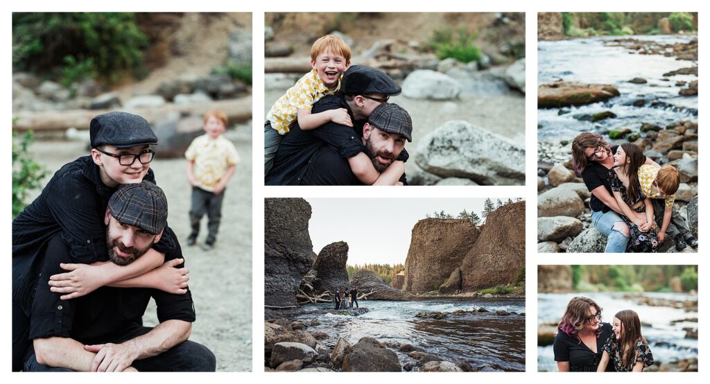 Photo collage of a family getting photos by the river at Bowl and Pitcher in Spokane WA